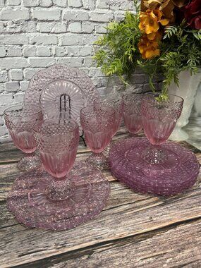 Vintage Gorham Crystal "Emily's Attic" Pattern Set of 6 Plates/Goblets